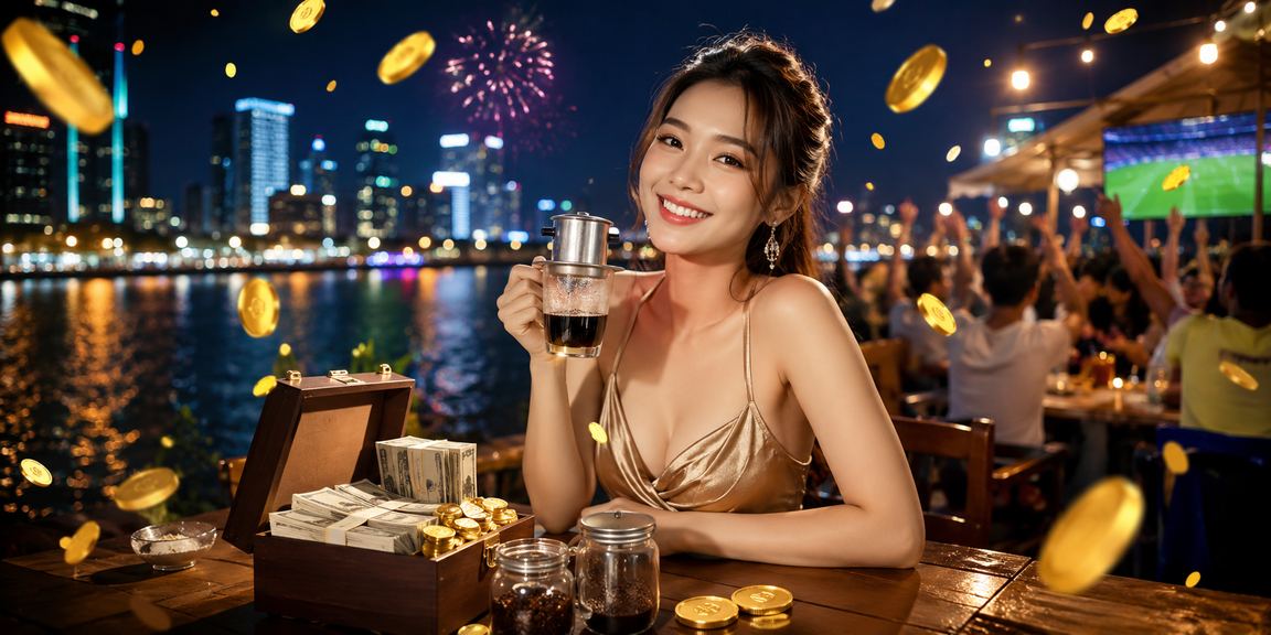 Không khí cà phê sáng bên sông Mekong, người chơi thư giãn và xem tỷ lệ cược trên điện thoại